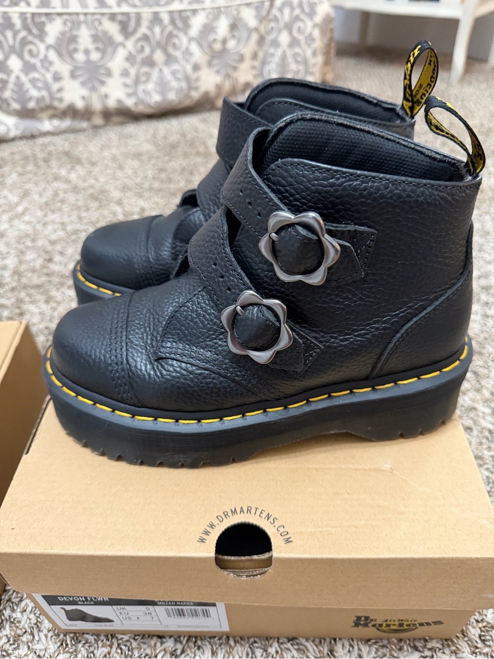 Dr. Martens Women’s Black Leather Double-Strap Ankle Boots with Yellow Stitching - Picture 2 of 9